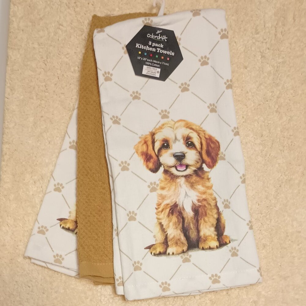 NWT & HTF ~ Colordrift  COCKAPOO / CAVAPOO / GOLDENDOODLE 3-Pack Kitchen Towels